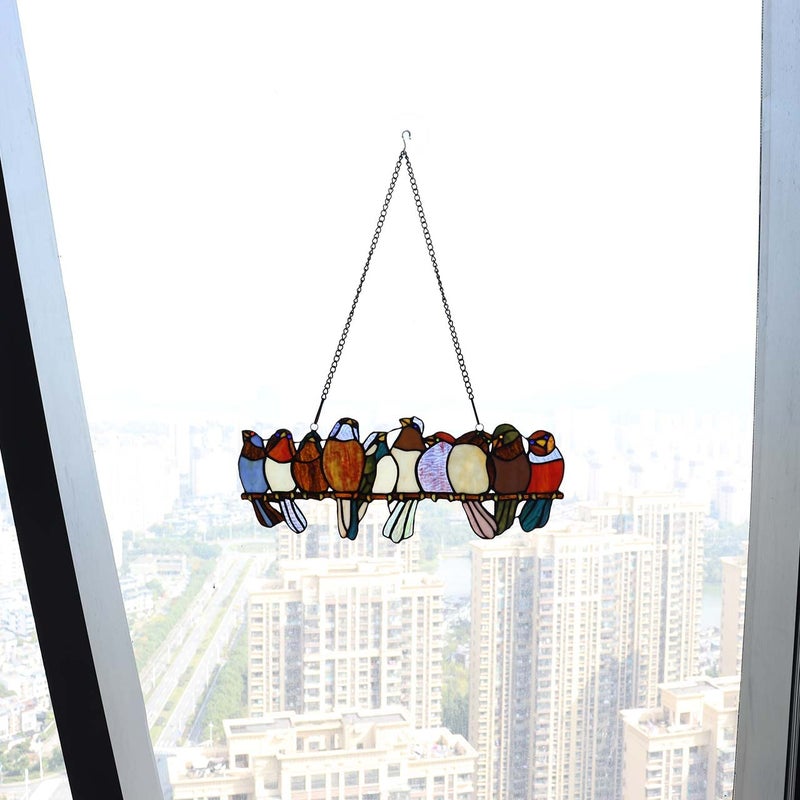 Bieye W10002 Tropical Birds Tiffany Style Stained Glass Window Panel Hangings with Chain, 19" W x 11.4" H - Image 4